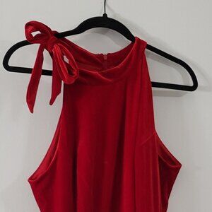 Maison Tara Red Velvet Bow Halter Neck Fit And Flare Midi Dress 16